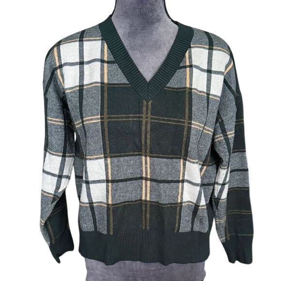 TAHARI Plaid V-Neck‎ Sweater  Green White Checkered Preppy  Pullover Size M - Picture 1 of 6